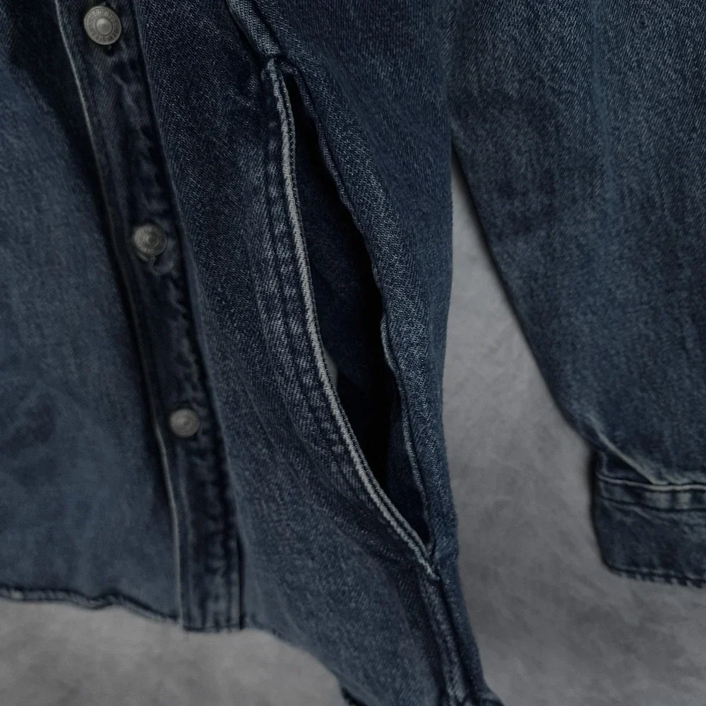 Levis Shirt Jacket Mens Medium Blue Denim Hooded Snap Front Workwear Shacket - Picture 9 of 15